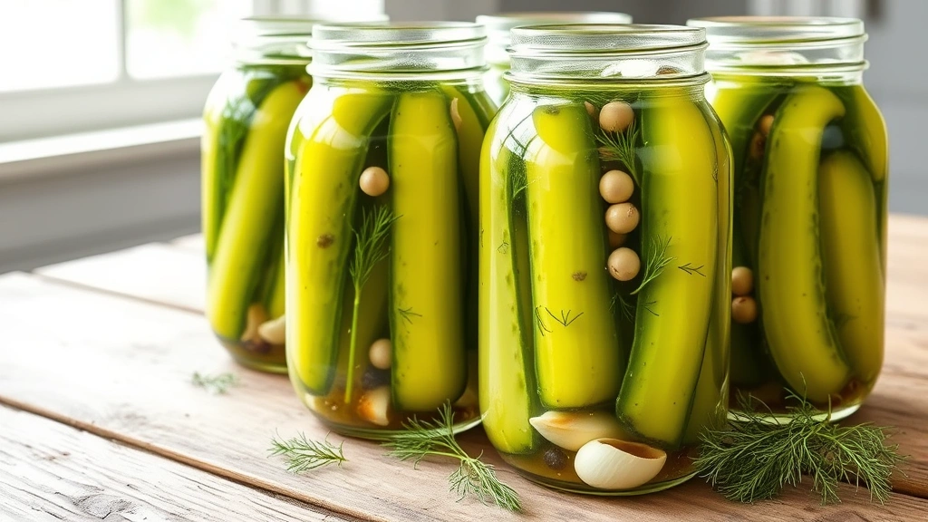 hero: beautiful glass quart jars of bright green dill pickles with visible fresh dill, garlic cloves, and peppercorns in clear brine, arranged on a rustic wooden surface with fresh dill sprigs scattered nearby, photorealistic, natural window light, no text