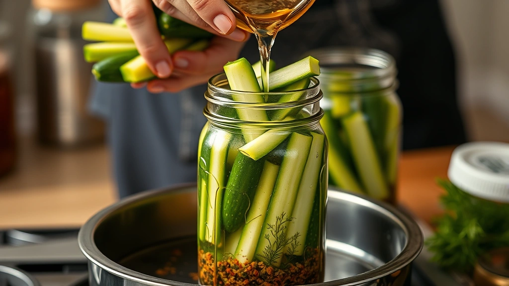 process: hands packing fresh cucumber spears into a hot mason jar with visible dill and spices at the bottom, pouring hot brine over top, photorealistic, warm kitchen lighting, no text