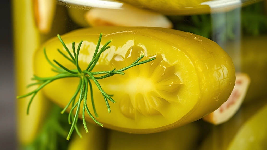 detail: close-up macro shot of a single perfect dill pickle showing crispy texture, fresh dill fronds, and garlic slice visible through glass jar, photorealistic, natural light, no text