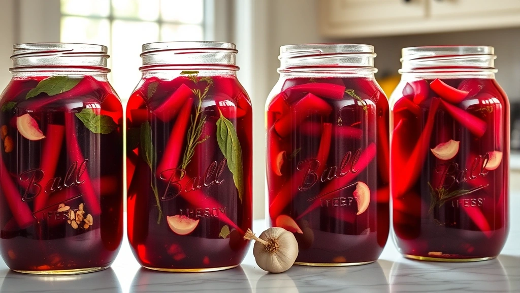 hero: four glass quart jars of deep ruby-red pickled beets with visible spices, fresh herbs, and garlic, arranged on a white marble countertop with natural window light creating a warm glow, vintage canning aesthetic