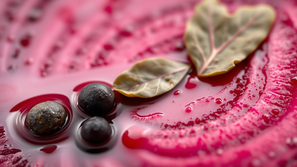 detail: close-up macro shot of single beet slice showing deep color and texture, pickling liquid pooling, whole allspice berries, black peppercorns and bay leaf visible, shallow depth of field