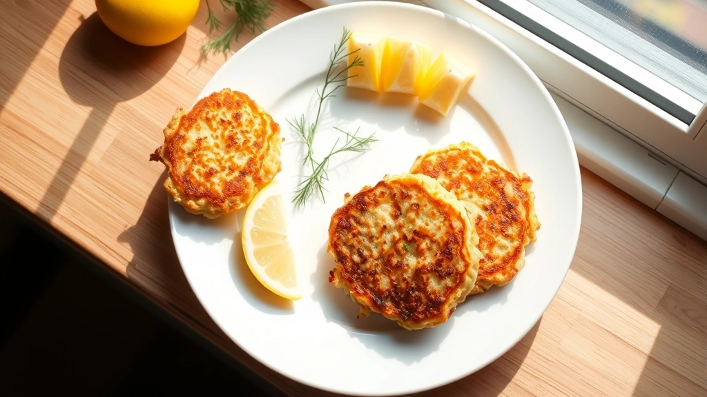 hero: perfectly golden-brown crispy salmon patties on white plate with fresh lemon wedges and dill garnish, natural window lighting, minimalist styling, top-down shot