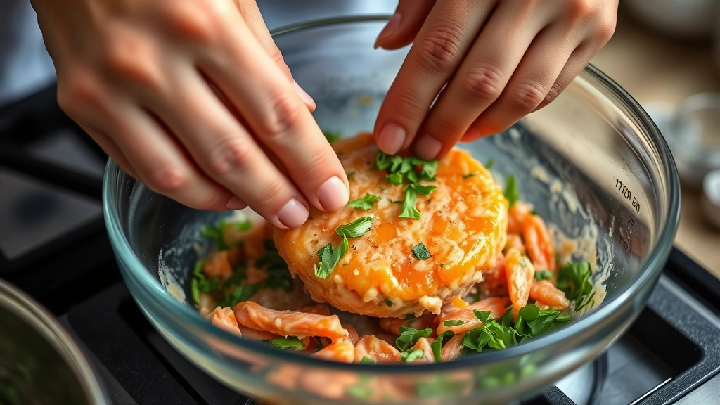 process: hands shaping salmon patty mixture in bowl with fresh herbs visible, natural daylight, close cooking perspective, artisanal feel