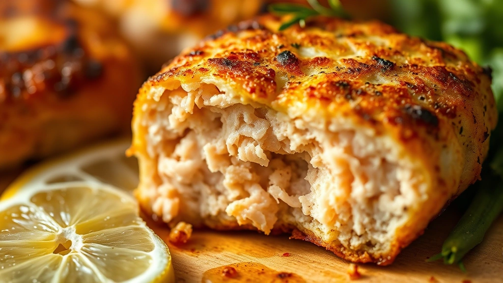 detail: cross-section of cooked salmon patty showing flaky interior texture, golden crispy exterior, lemon slice beside it, macro photography, warm natural light