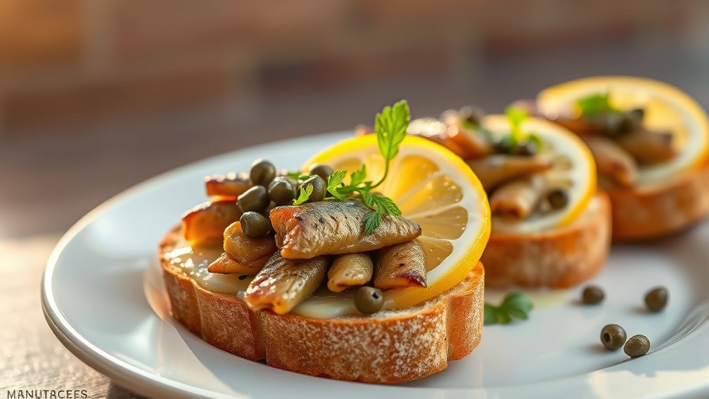 hero: gourmet canned sardine toast appetizers on crusty bread with lemon slices, fresh herbs, and capers on white plate, photorealistic, natural golden afternoon light streaming from left, professional food photography, no text
