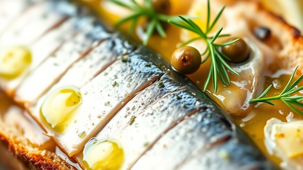 detail: close-up of single sardine toast with glistening olive oil, fresh dill fronds, capers, lemon zest visible, shallow depth of field, photorealistic, warm natural light, no text