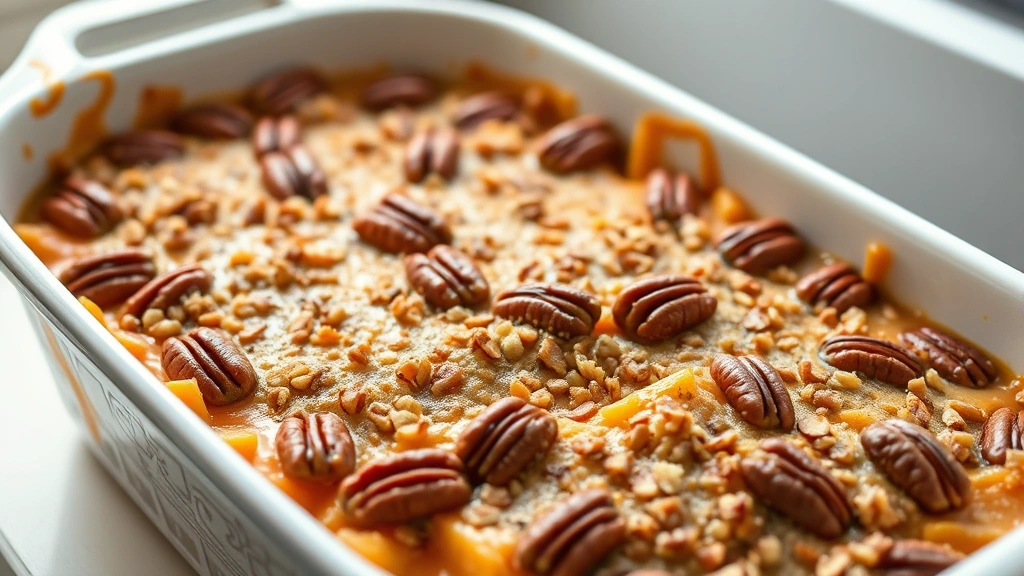 hero: finished canned yams casserole with golden pecan topping, creamy yams visible at edges, warm spiced aroma suggested, served in white ceramic dish, natural window light, soft shadows, 50mm lens, food photography style