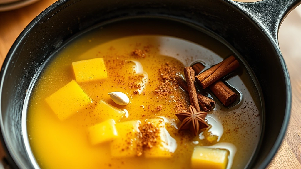 process: melted butter with whole spices blooming in cast iron skillet, cinnamon sticks and nutmeg visible, golden liquid, warm kitchen lighting, overhead angle, medium depth of field
