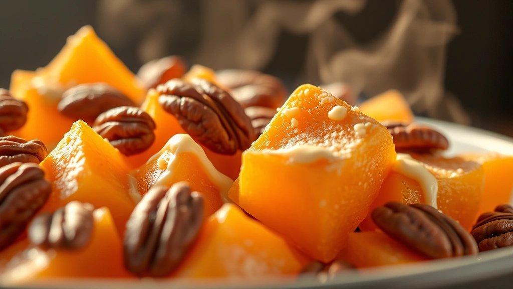 detail: close-up macro shot of golden yam pieces with creamy coating and individual pecan pieces, shallow depth of field focusing on texture, warm afternoon light, steam rising slightly, professional food styling