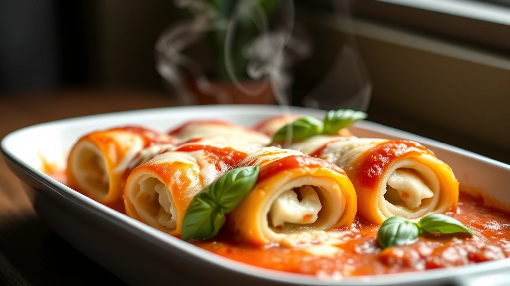 hero: golden-brown baked cannelloni in white dish with melted mozzarella cheese and marinara sauce, garnished with fresh basil, steam rising, natural window light, shallow depth of field