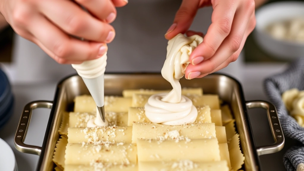 process: hands piping creamy ricotta filling into cannelloni pasta tube over prepared baking dish, soft natural lighting, focused on the piping action