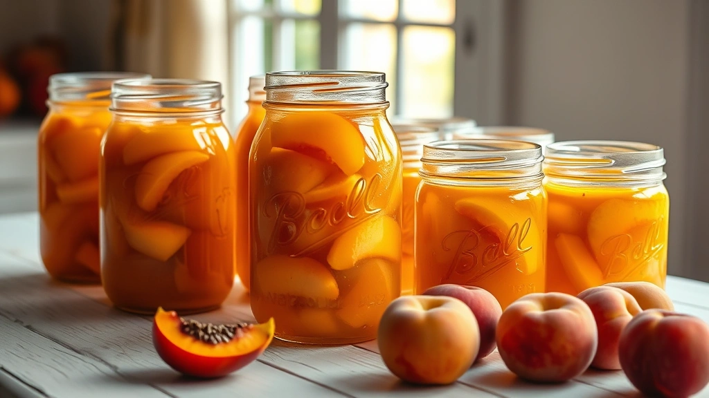 hero: mason jars filled with golden canned peaches in clear syrup, arranged in rows on white wooden table, natural sunlight streaming through window, soft focus background, fresh peaches scattered nearby