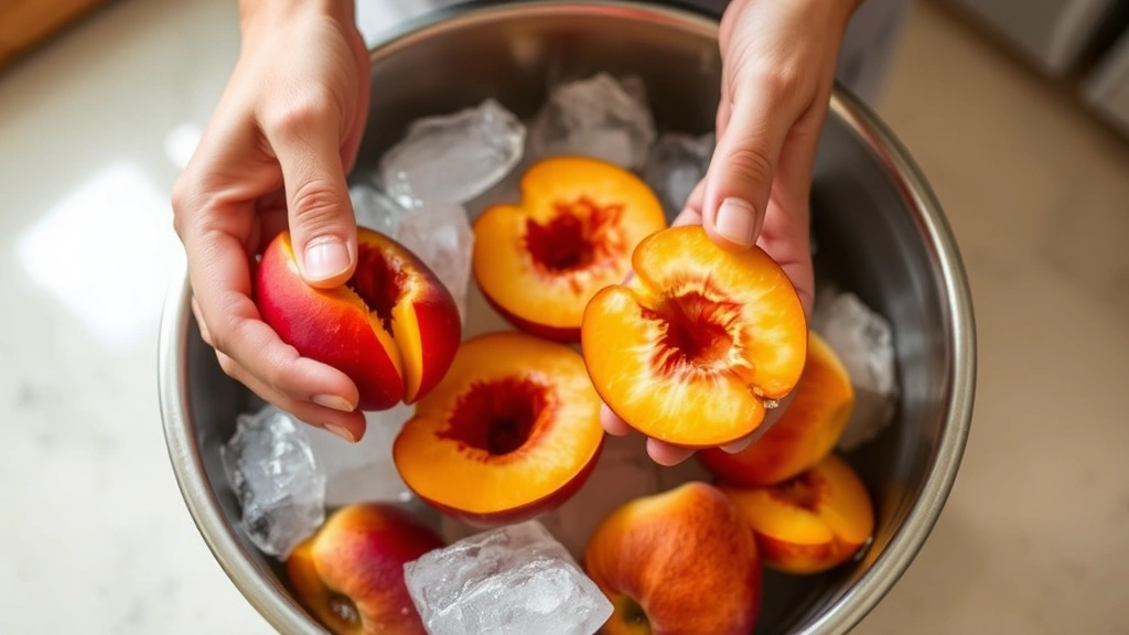process: hands peeling blanched peaches in ice water bath, fuzzy skin slipping off easily, stainless steel bowl of peach halves visible, natural kitchen lighting, close action shot
