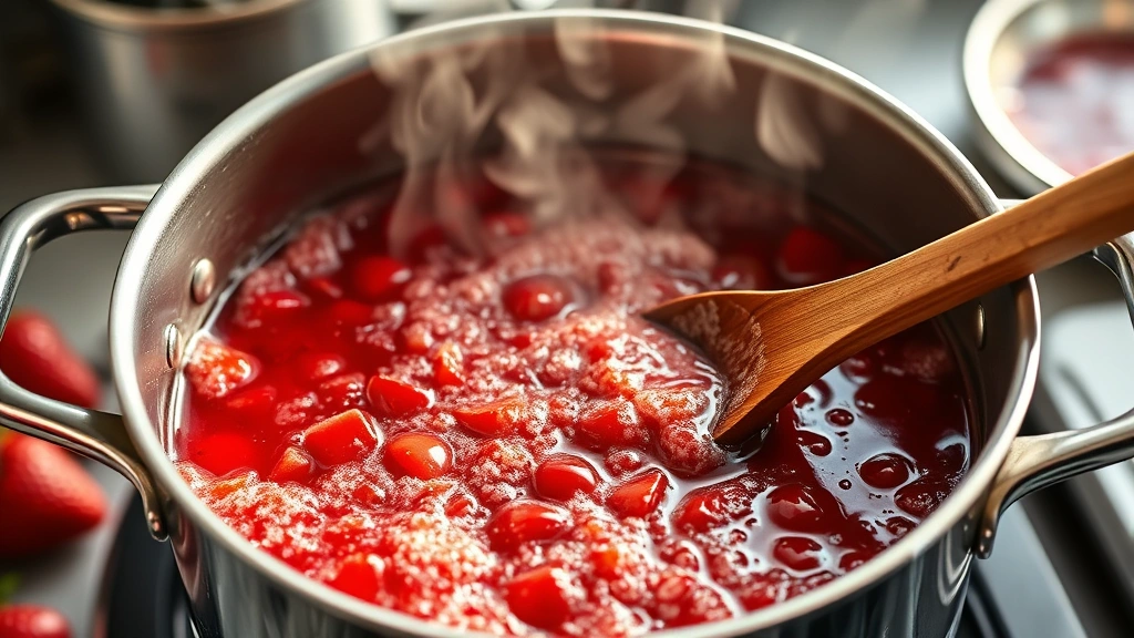 process: large pot of bubbling strawberry jam mixture at rolling boil, wooden spoon stirring, steam rising, bright kitchen lighting, photorealistic, no text or watermarks