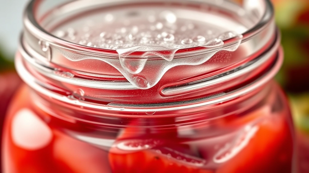 detail: close-up of jar lid sealing with condensation, strawberry jam visible inside jar, macro photography style, photorealistic, natural light, no text or watermarks