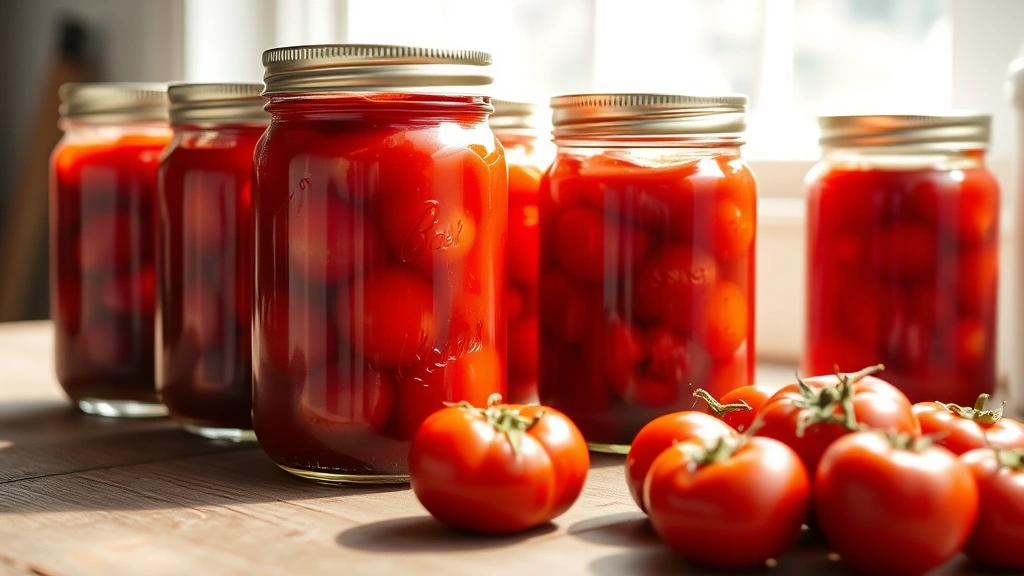hero: glass jars filled with whole canned tomatoes in bright red juice, arranged on wooden surface, natural window light streaming across, rustic farmhouse style, no labels or text visible