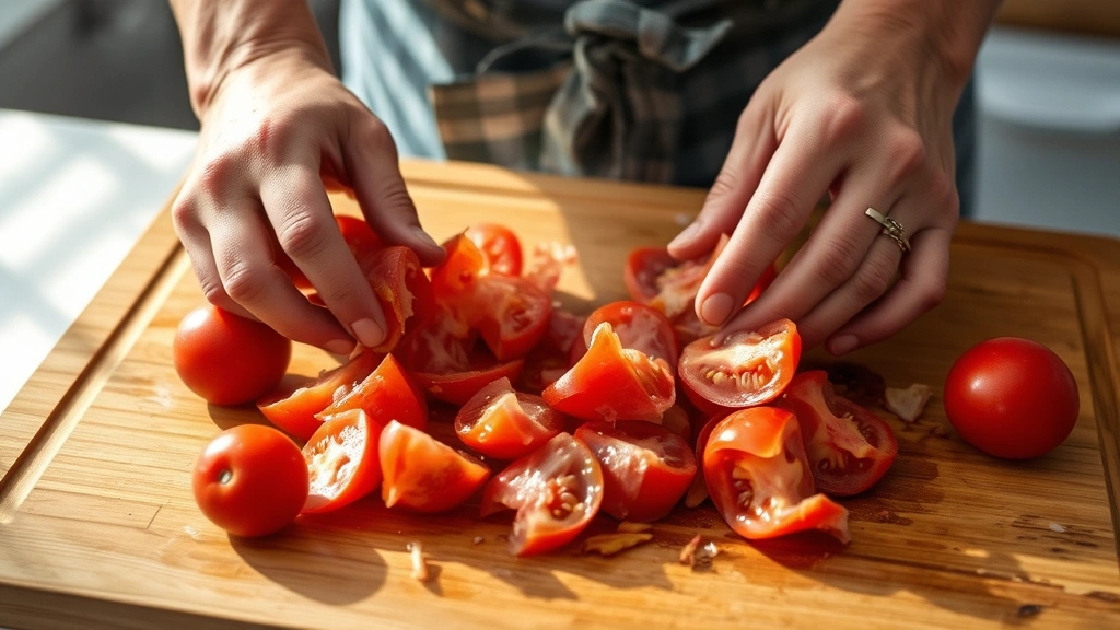 process: hands peeling blanched tomatoes over a wooden cutting board, steam visible, bright natural daylight, close focus on the peeling action, authentic kitchen setting