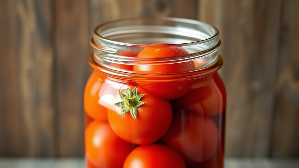 detail: close-up of sealed canning jar with whole tomatoes submerged in juice, lid reflection catching light, rustic wooden background, shallow depth of field highlighting jar seal