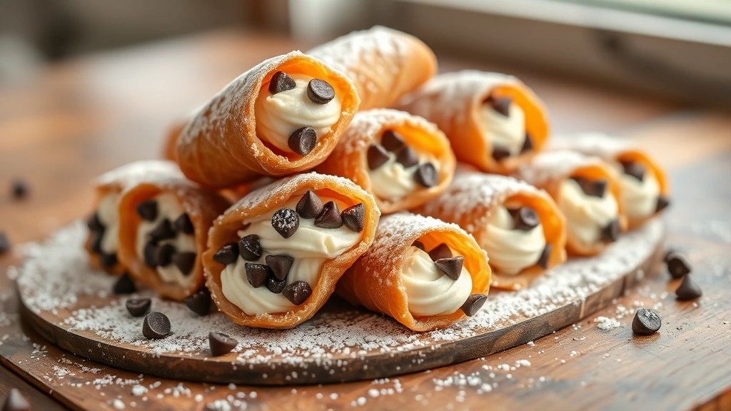 hero: golden crispy cannoli dusted with powdered sugar, filled with creamy ricotta and chocolate chips, arranged on rustic wooden surface, natural window light, shallow depth of field, photorealistic, no text, Italian style presentation