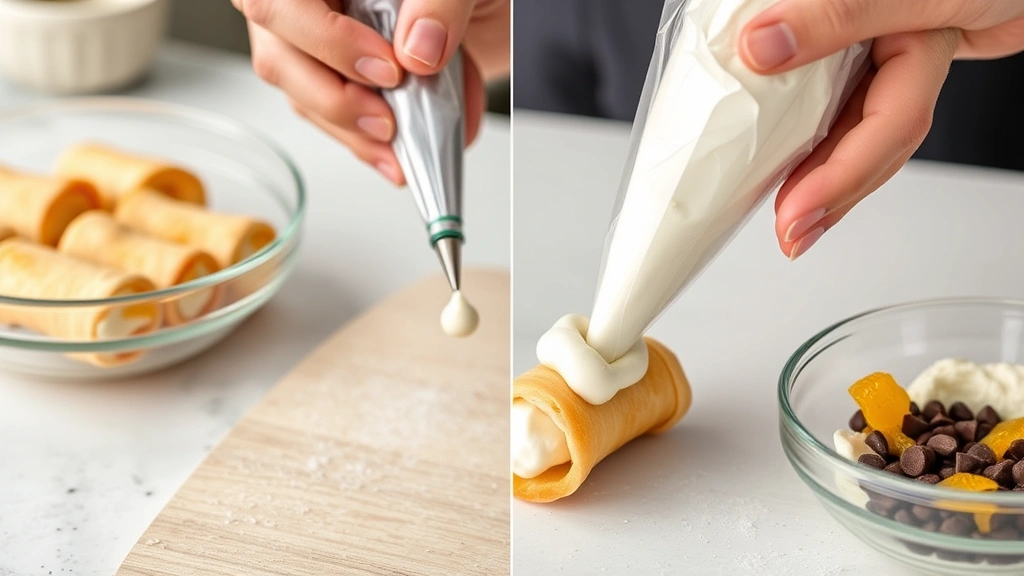 process: hands piping ricotta filling into cooled cannoli shell using pastry bag, close-up action shot, candied orange peel and chocolate chips visible in bowl, natural kitchen lighting, photorealistic, no text