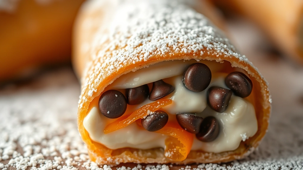 detail: close-up cross-section of single cannoli showing layers of crispy shell, creamy filling, chocolate chips and orange peel detail, dusted with powdered sugar, dramatic natural light, photorealistic, no text