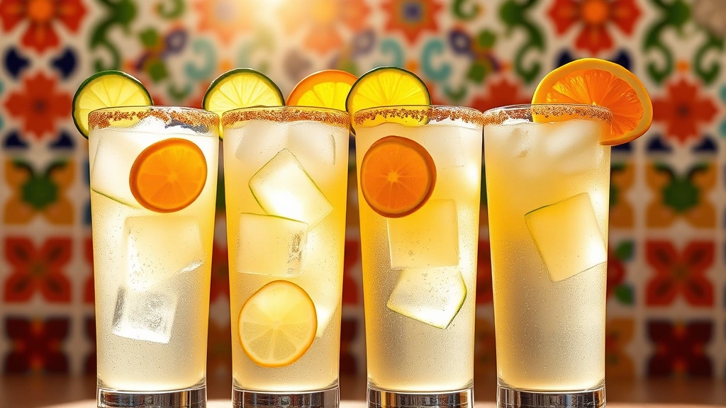 hero: Four tall glasses filled with Cantarito, rimmed with Tajín seasoning, garnished with fresh lime wheels and orange slices, ice cubes visible, sparkling water bubbles, bright natural sunlight streaming through, vibrant Mexican tile background, photorealistic, sharp focus, no text