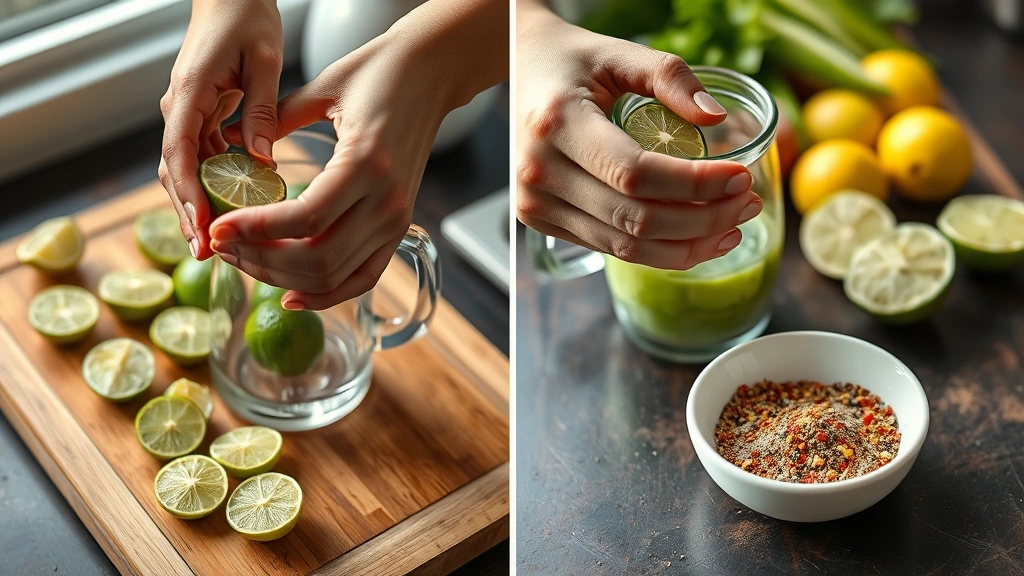 process: Hands squeezing fresh limes into a glass pitcher, citrus halves scattered on wooden cutting board, Tajín seasoning in small white bowl nearby, natural daylight from kitchen window, photorealistic, in-progress shot, no text