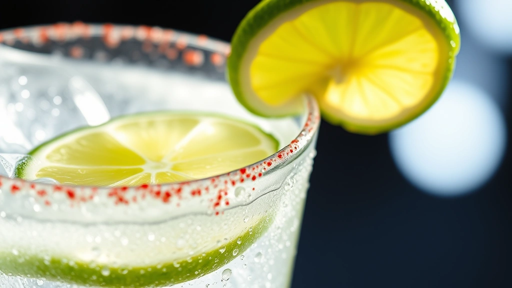 detail: Close-up macro shot of Cantarito glass showing condensation droplets, Tajín rim seasoning texture, fresh lime wheel detail, sparkling water bubbles rising, ice cubes with light passing through, photorealistic, bright natural light, no text
