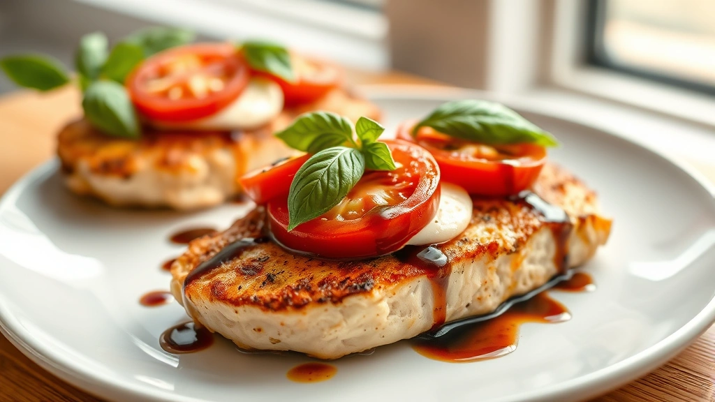 hero: plated caprese chicken with melted mozzarella and tomato slices on top, fresh basil leaves, balsamic reduction drizzle, served on white ceramic plate with warm natural window light, shallow depth of field, food photography style
