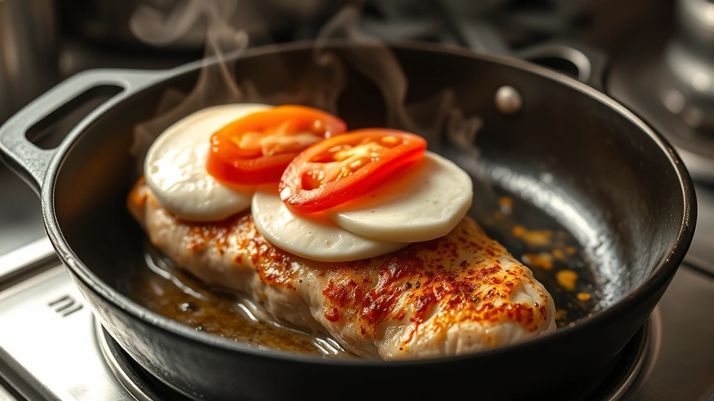 process: chicken breast being seared in cast iron skillet with golden crust, mozzarella and tomato slices being placed on top, steam rising, warm kitchen lighting, professional food photography