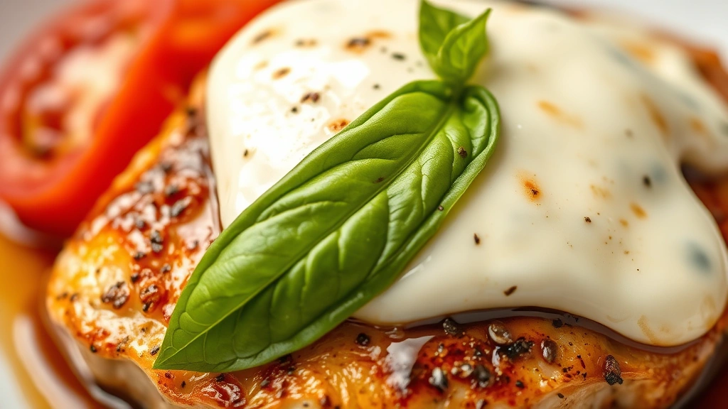 detail: close-up of melted fresh mozzarella draped over warm chicken with fresh basil leaf, tomato slice detail, balsamic reduction glisten, macro photography, natural daylight