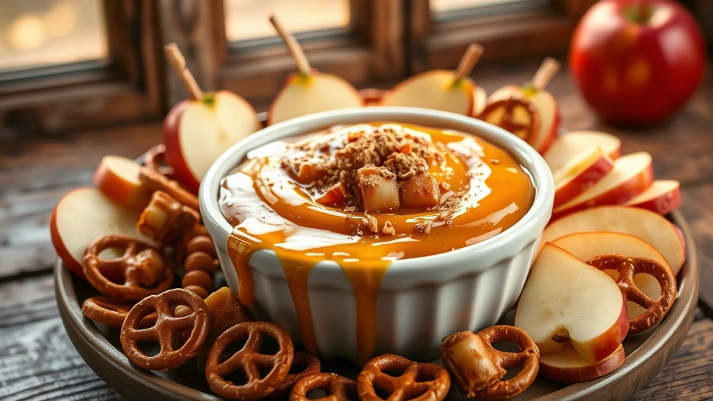 hero: caramel apple dip in white ceramic bowl surrounded by fresh apple slices and pretzel pieces, warm caramel dripping down sides, cinnamon sugar sprinkled on top, natural window light creating warm golden highlights, rustic wooden table background, photorealistic, no text