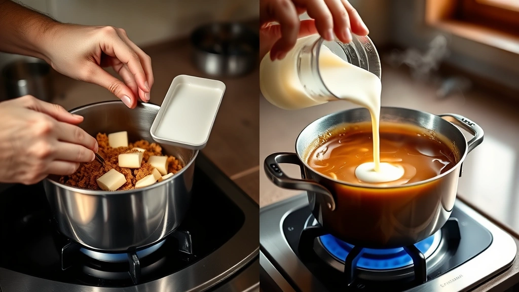 process: hands stirring brown sugar and butter in saucepan on stovetop, cream being poured into hot caramel mixture, bubbling and steam visible, professional kitchen setting, natural light from window, photorealistic, no text