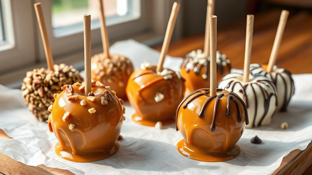 hero: finished caramel apples with various toppings including nuts, sprinkles and chocolate drizzle, displayed on white parchment paper, golden caramel coating glistening in natural window light, photorealistic, no text