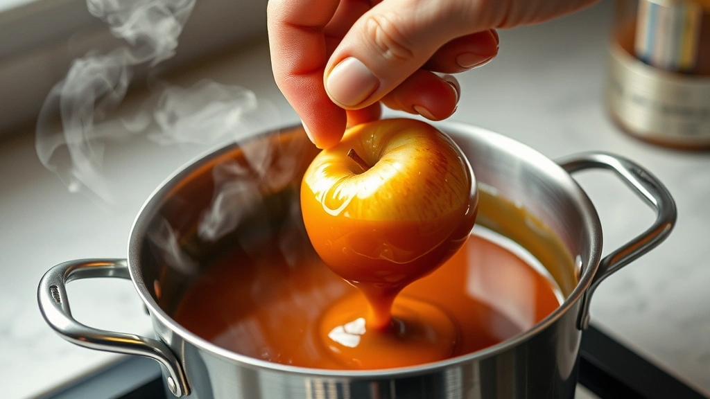 process: hand dipping fresh apple into warm caramel sauce in saucepan with candy thermometer visible, melted caramel coating the apple, steam rising, natural kitchen lighting, photorealistic, no text