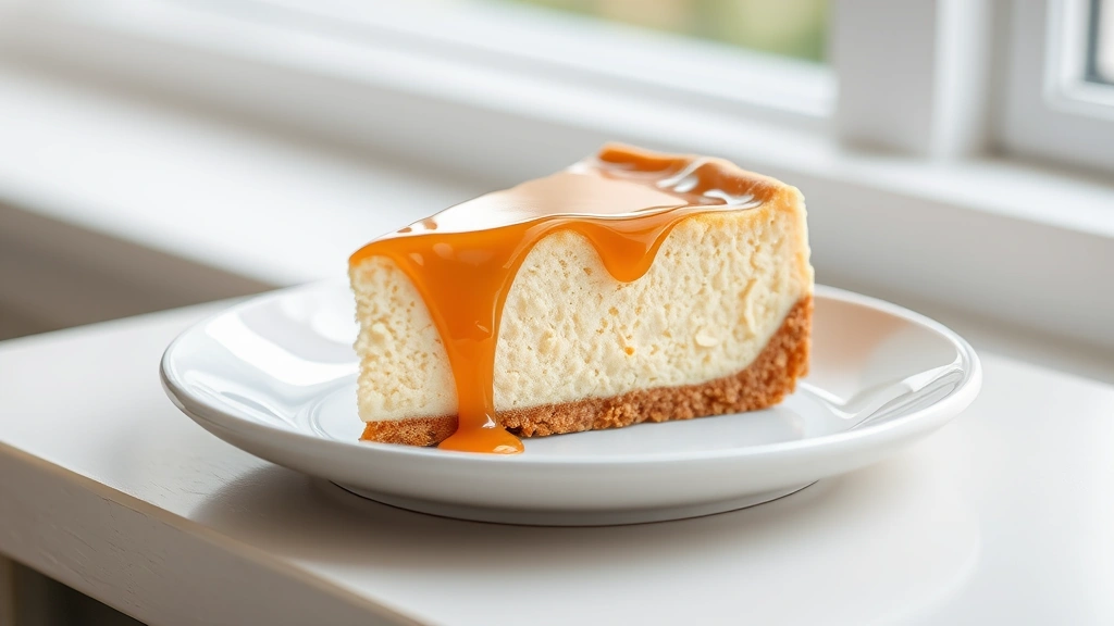 hero: stunning slice of caramel cheesecake on white plate, golden caramel dripping down side, creamy filling visible, soft natural window light, elegant presentation, no text or watermarks