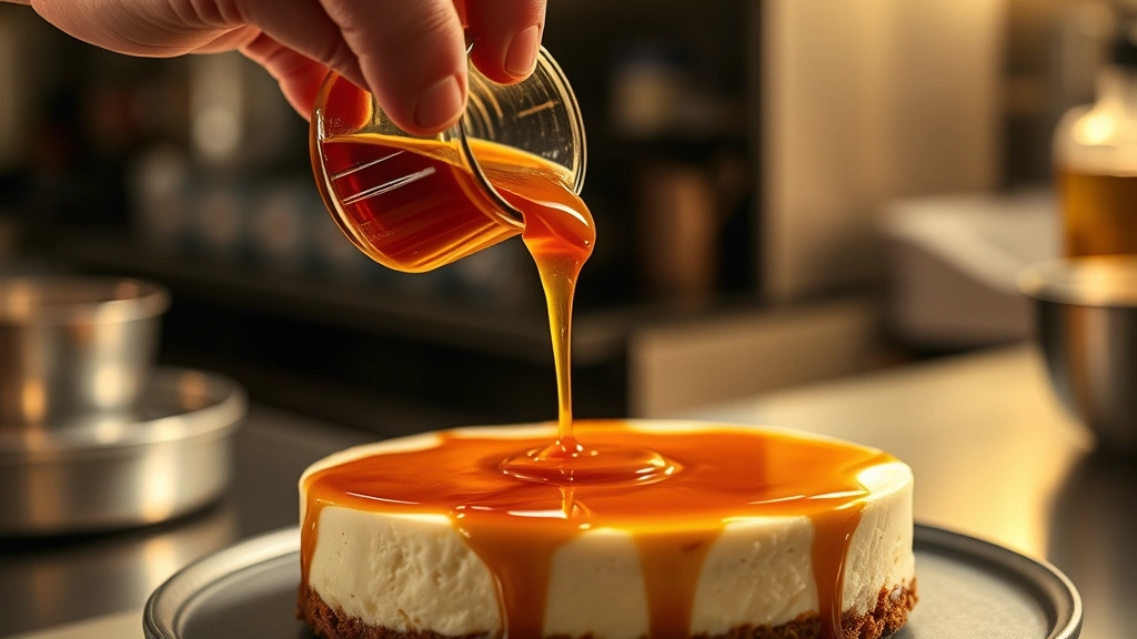 process: hand pouring amber caramel sauce over smooth cheesecake filling, dramatic moment mid-pour, warm lighting highlighting the gloss of caramel, professional kitchen setting, no text