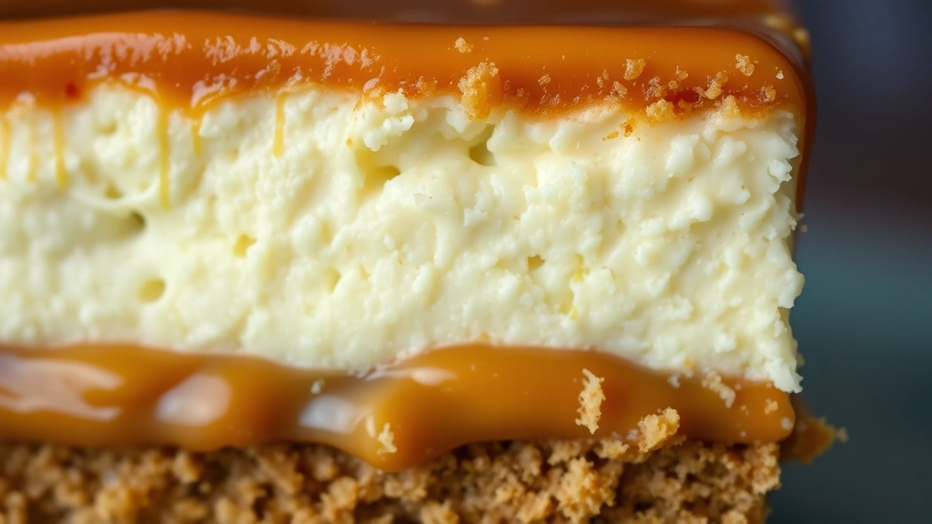 detail: extreme close-up of caramel layer meeting creamy cheesecake filling, shallow depth of field, glossy caramel texture, golden highlights, no text or branding