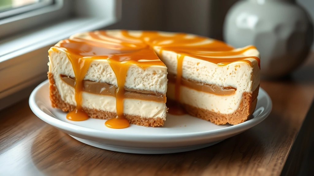 hero: sliced caramel cheesecake torte with golden caramel drizzle, luxurious creamy layers visible, served on white plate, photorealistic, natural window light, elegant presentation, no text