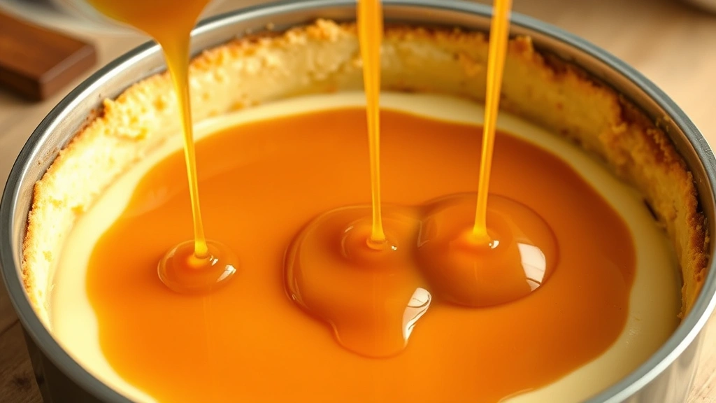 process: caramel being drizzled over cheesecake filling in springform pan, golden amber caramel flowing, photorealistic, natural kitchen light, no text