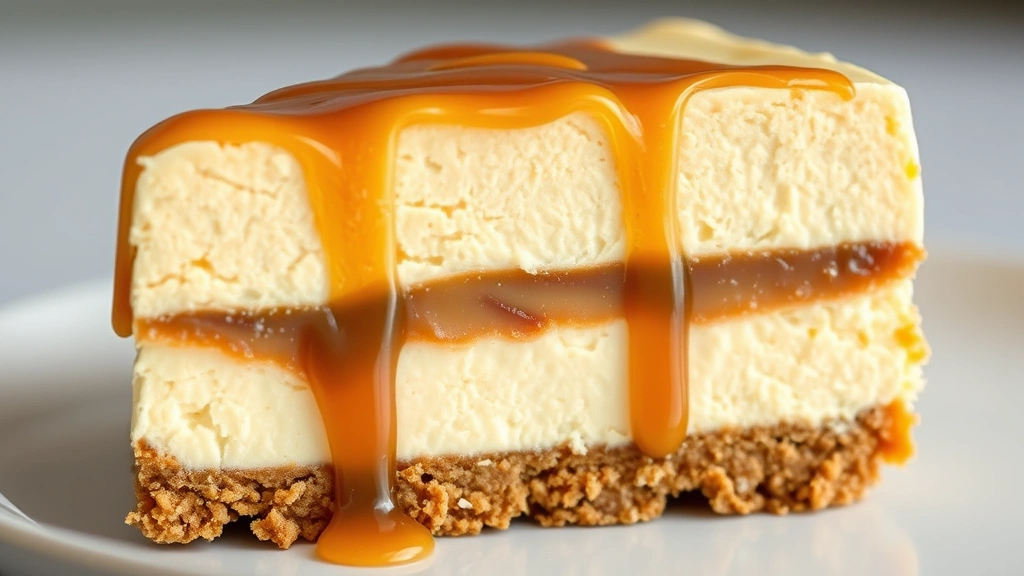 detail: close-up cross-section of caramel cheesecake torte showing layers of graham cracker crust, creamy cheesecake, and caramel, photorealistic, natural light, sharp focus, no text