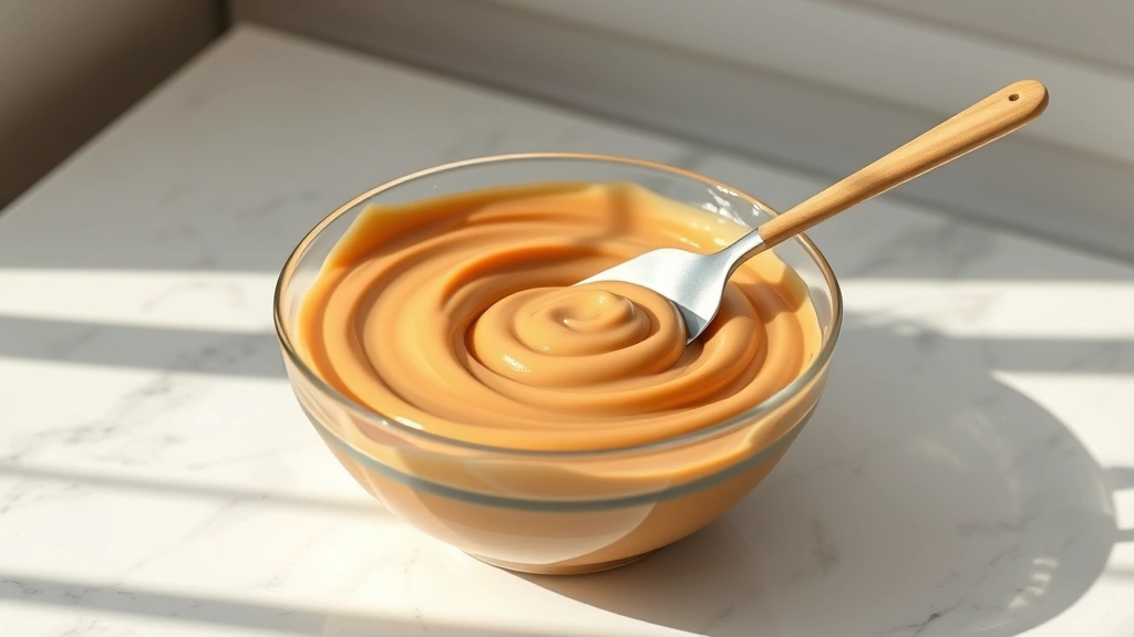 hero: bowl of creamy golden caramel icing with offset spatula, photorealistic, natural window light, soft shadows, on white marble surface, no text