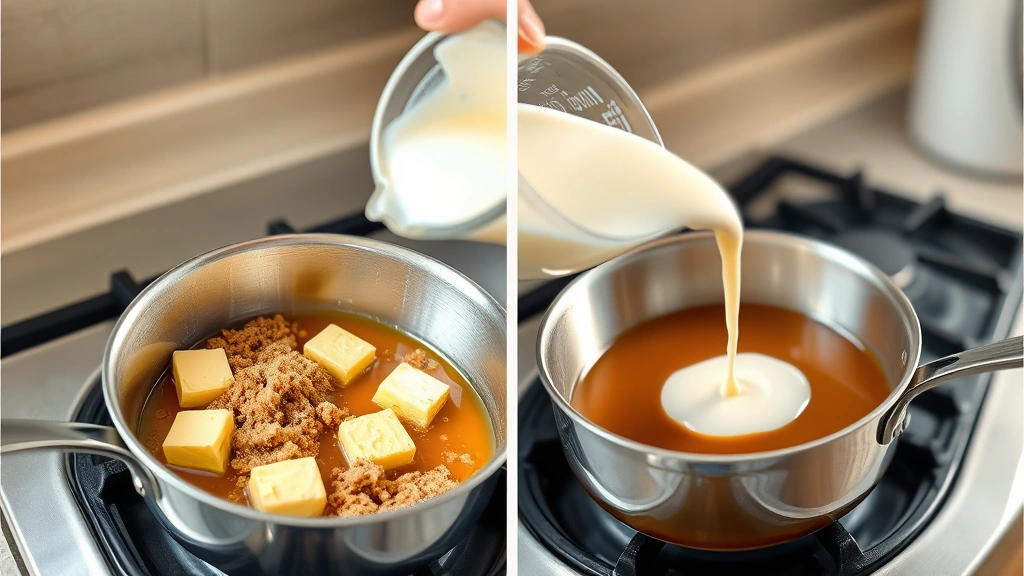 process: melting butter and brown sugar in saucepan on stovetop, pouring cream into caramel mixture, photorealistic, warm kitchen light, no text