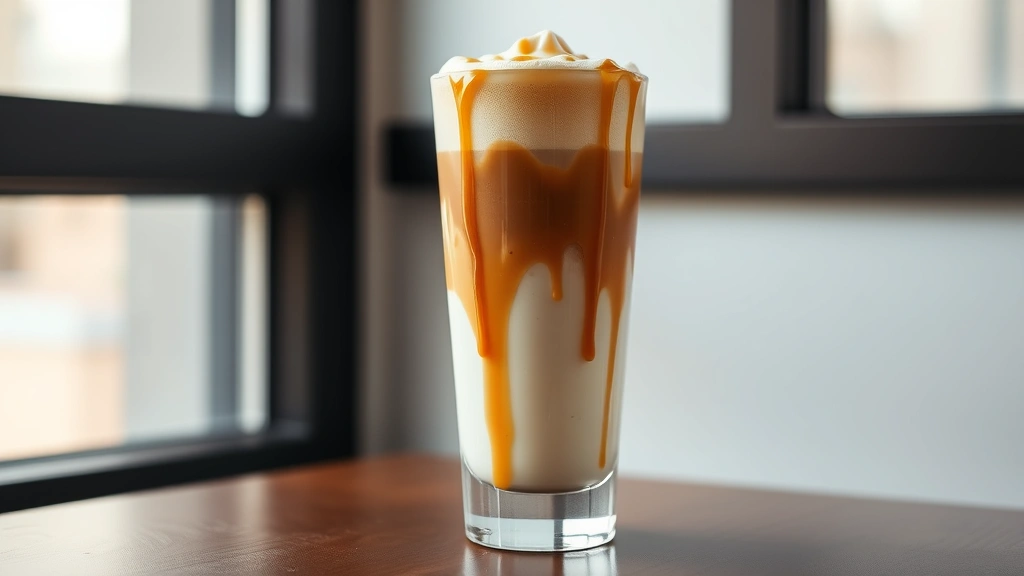 hero: tall glass of caramel latte macchiato with visible layers of espresso, steamed milk, and caramel sauce, topped with milk foam and caramel drizzle, photorealistic, natural window light, no text, elegant presentation