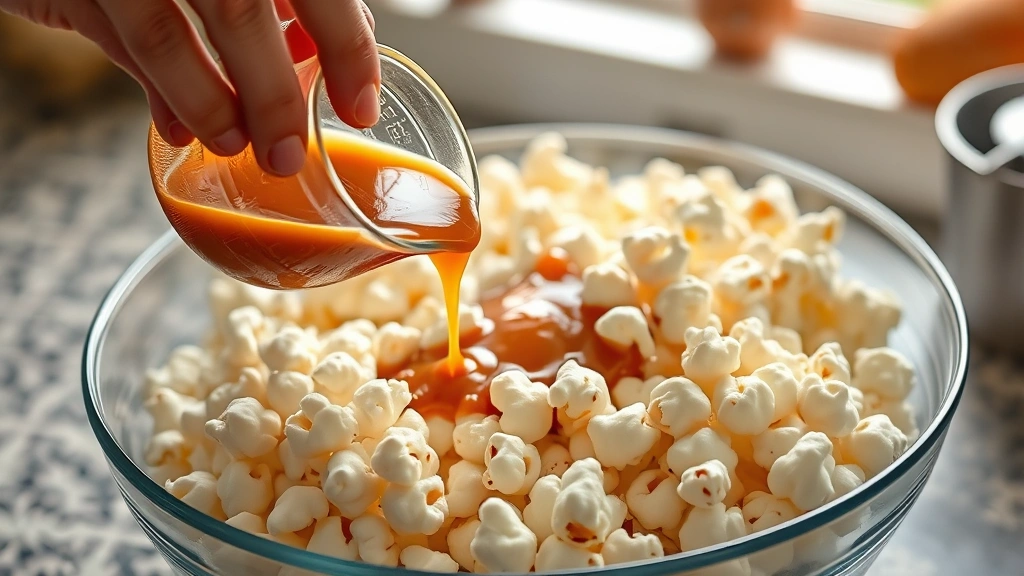 process: hand pouring hot caramel sauce over fluffy popcorn in a large bowl, photorealistic, bright kitchen light, no text
