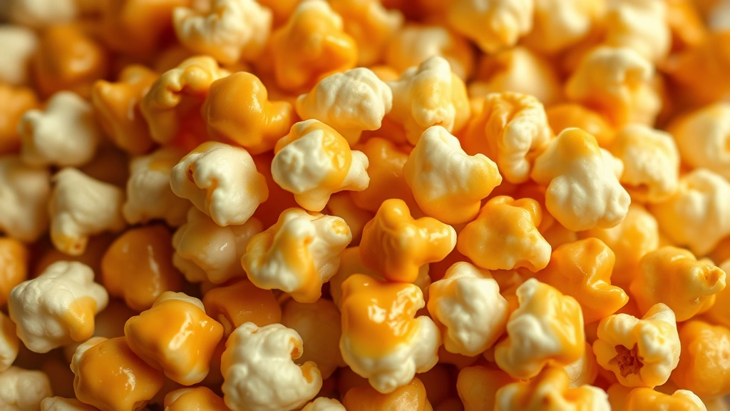 detail: close-up macro shot of shiny caramel-coated popcorn kernels with crispy texture visible, photorealistic, natural light, no text