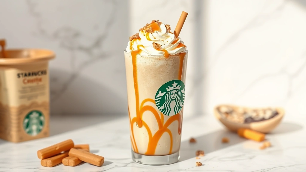hero: tall glass of caramel ribbon crunch frappuccino with whipped cream on top, caramel drizzle, toffee bits, garnished perfectly, sitting on white marble surface, photorealistic, natural daylight, no text, fresh and appealing