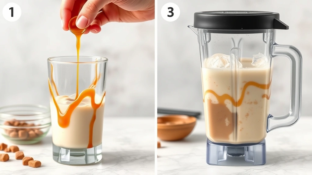 process: hands drizzling caramel sauce inside glass, blender with frappuccino base blending, ice and ingredients visible, photorealistic, natural light, no text, step-by-step demonstration