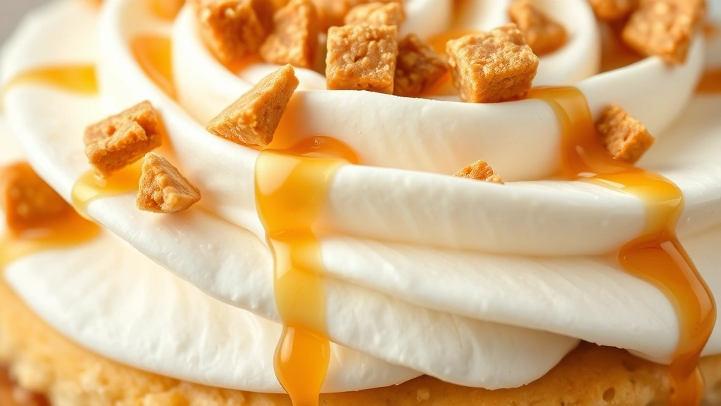 detail: close-up of whipped cream topped with toffee bits and caramel drizzle, showing layers and texture, photorealistic, natural light, no text, appetizing and detailed