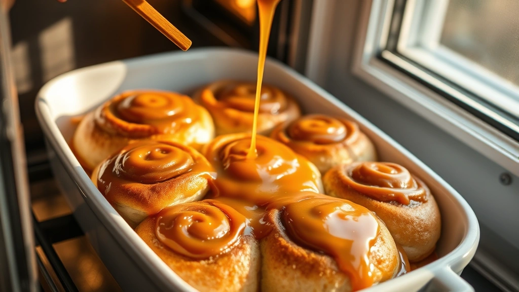 hero: golden-brown caramel rolls fresh from oven, gooey caramel sauce dripping over warm rolls in white ceramic dish, photorealistic, natural morning light streaming through window, no text